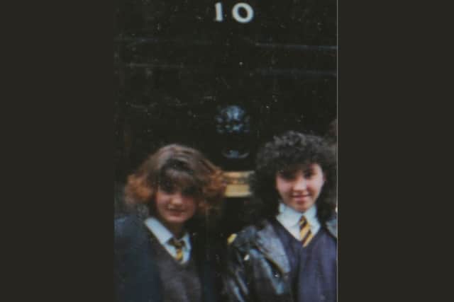 Jo Cox (left) outside 10 Downing St., in her 4th year at Heckmondwike Grammar School. Picture: Ross Parry Agency