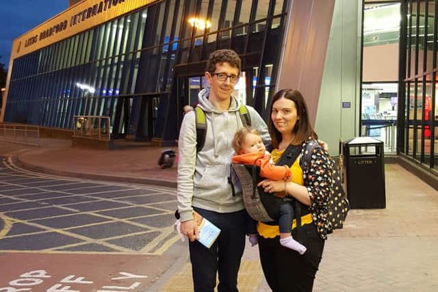 Cheryl and Tom Murphy at Leeds Bradford Airport with baby Annie.