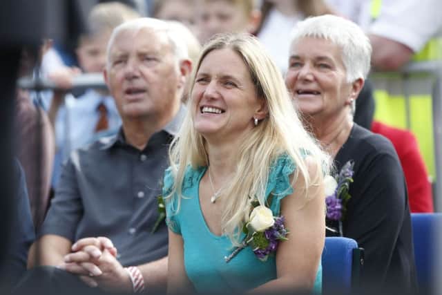 Kim Leadbeater (centre), the sister of Jo Cox, and her parents Jean and Gordon Leadbeater attend a gathering in Batley, West Yorkshire, to celebrate what would have been the Labour MP's 42nd birthday.