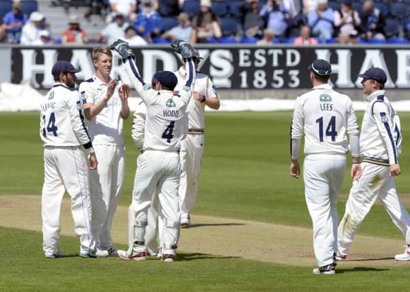 Yorkshire celebrate Steve Patterson taking Michael Richardson's wicket fin the County Championship at Durham earlier this week.  Picture: Bruce Rollinson