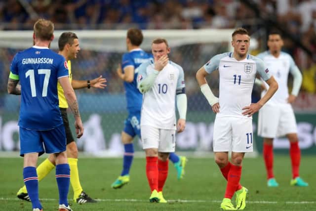 England's Jamie Vardy (right) looks dejected during the Round of 16 match at Stade de Nice, Nice, France. PRESS ASSOCIATION Photo. Picture date: Monday June 27, 2016. See PA story SOCCER England. Photo credit should read: Owen Humphreys/PA Wire. RESTRICTIONS: Use subject to restrictions. Editorial use only. Book and magazine sales permitted providing not solely devoted to any one team/player/match. No commercial use. Call +44 (0)1158 447447 for further information.