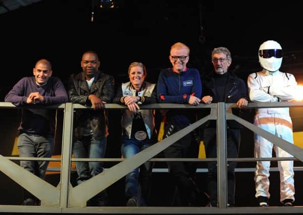 Top Gear presenters (left to right) Chris Harris, Rory Reid, Sabine Schmitz, Chris Evans, Eddie Jordan and The Stig. Image: Andrew Matthews/PA Wire