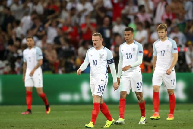 Kyle Walker, Wayne Rooney, Dele Alli and Eric Dier show their dejection after Iceland score their second goal. Picture: Nick Potts/PA.