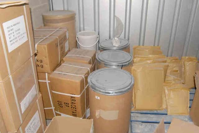 Containers of drugs and packaging used to ship deliveries in Gregory King's Wetherby lock-up.