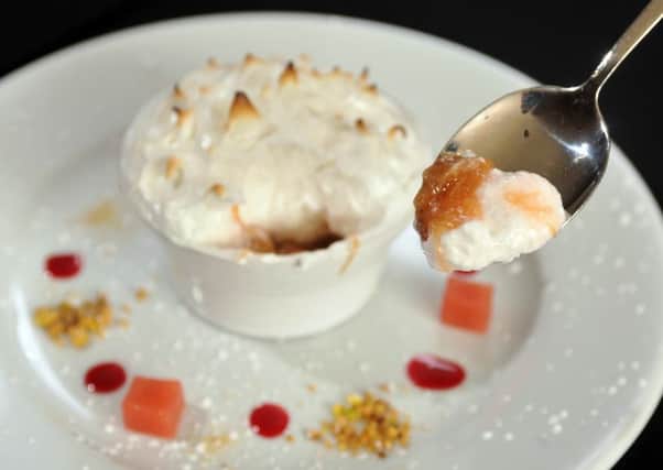 Rhubarb Meringue with Pistachio, pink rhubarb roasted with sugar syrup topped with soft Italian meringue, baked & served warm with rhubarb jellies & crushed candied pistachio nuts. PIC: Tony Johnson