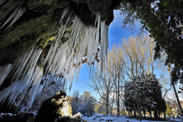 Credit Ross Parry Agency
The big freeze continies in North Yorkshire.
Icicles hang from the frozen Petrifying Well at Mother Shipton's Cave in Knaresborough. The icicles are hanging from the waterfall of the well, the rock from which the water falls is a huge huge mineral deposit formed the same way as a stalactite. Objects are hung from the waterfall, which within months mineral deposits turn into stone.
 (Jonathan Pow/Ross Parry Agency)