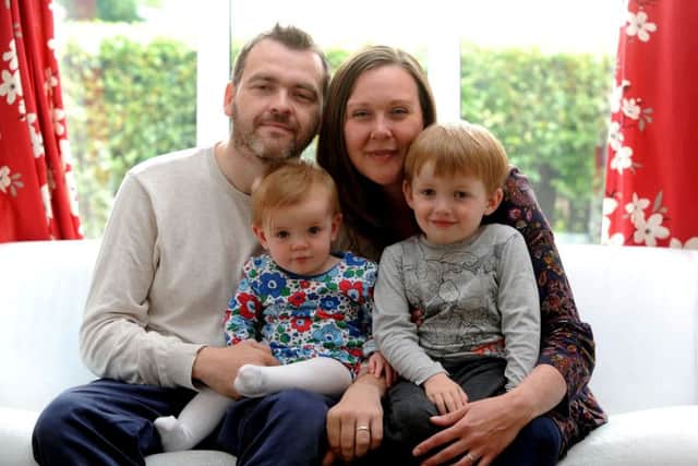 Seraphina Crowley pictured with her brother Seeger, three, and her parents Jason and Amy. Picture by Simon Hulme.