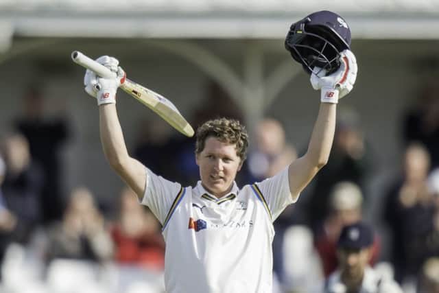 Yorkshire's Gary Ballance celebrates his century against Middlesex at North Marine Road, Scarborough (Picture: Allan McKenzie/SWpix.com).