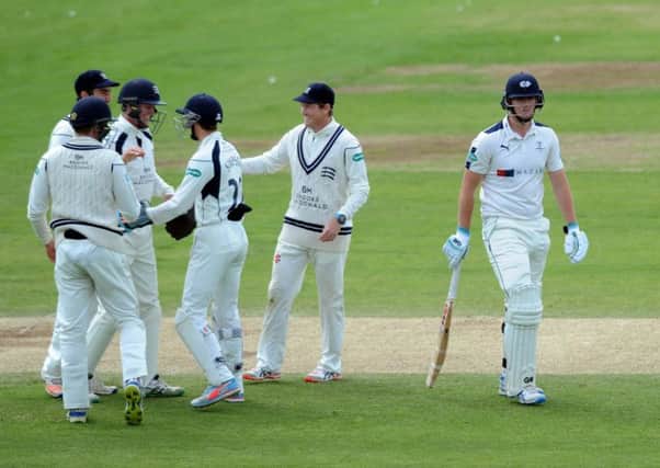 Yorkshire's Alex Lees out caught by Middlesex's John Simpson.