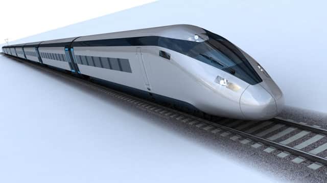 Computer-generated visuals of a high speed train. HS2.