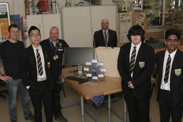 TECH: HSCICs Brett Jackson, Qiyu Cai, Andy Smith, headteacher Will Carr, Dom Wood and Mehul Patel.
