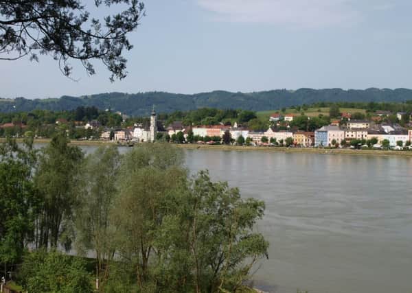 A view across the Danube to Aschach which lies in the Danube Valley, on the edge of the Eferding Basin.