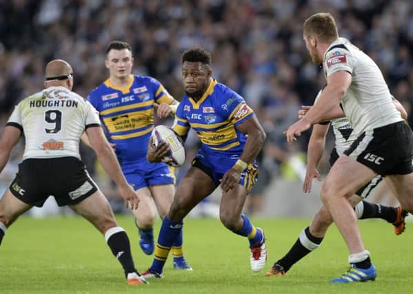James Segeyaro pushes forward for Leeds Rhinos against 
Hull FC on Froday night. Picture: Bruce Rollinson
