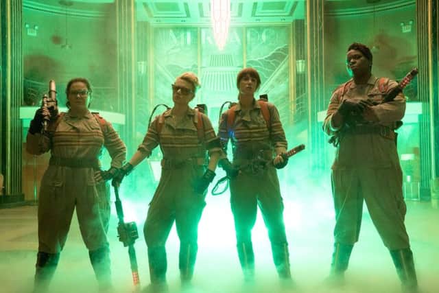 Abby (Melissa McCarthy), Erin (Kristen Wiig), Holtzmann (Kate McKinnon) and Patty (Leslie Jones) in the new Ghostbusters film.