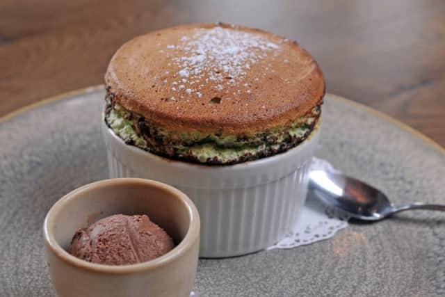 6 July 2016 .......  Oliver
Brasserie Blanc, Soveriegn Street Leeds. 
Pistachio souffle with chocolate ice cream
  Picture Tony Johnson