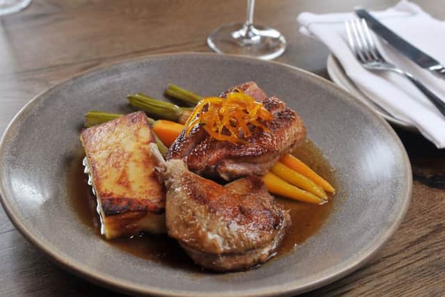 6 July 2016 .......  Oliver
Brasserie Blanc, Soveriegn Street Leeds. 
Roast barbary duck with citrus sauce,
tender duck breast & leg confit, Dauphinoise potato, pot-roasted carrots.  Picture Tony Johnson