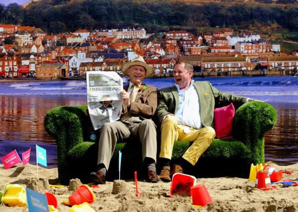 Geoffrey Boycott and Sir Gary Verity share a joke on the Welcome to Yorkshire Stand. Picture by Simon Hulme