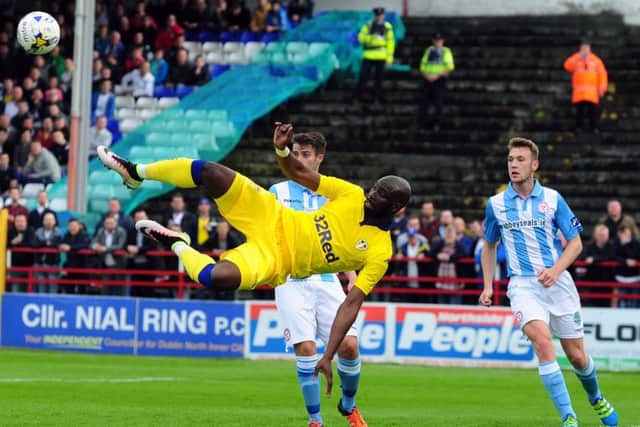 FLYING HIGH: Leeds United's Souleymane Doukara attempts a bicycle kick.
 Picture: Jonathan Gawthorpe