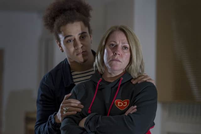 Kaya Moore, as Nathan and Nikki Hellens, as Sue in My Mum The Racist by Nick Ahad, part of Slung Low Shorts.