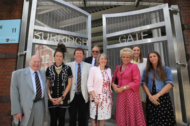 Stuart "Tiger" Surridge (centre) along with guests pose for a photo at the official opening of the Surridge Gate during the game between Surrey and Yorkshire. Picture courtesy of Surrey CC.