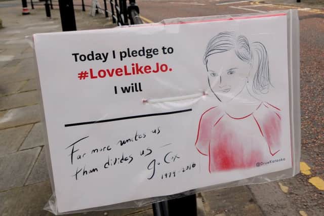 A #LoveLikeJo poster in Batley town centre. Picture by Simon Hulme