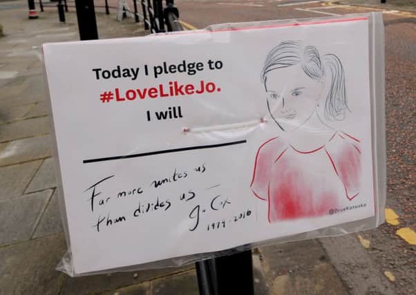 A #LoveLikeJo poster in Batley town centre. Picture by Simon Hulme