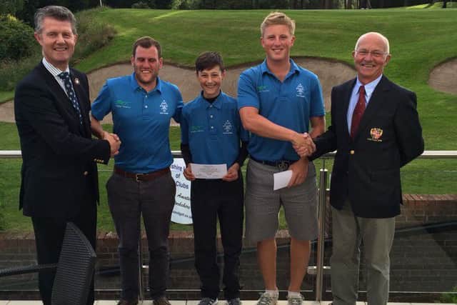 Wakefields winning trio with YUGC president Jonathan Plaxton, left, and Sand Moor captain Ian McMeeking.