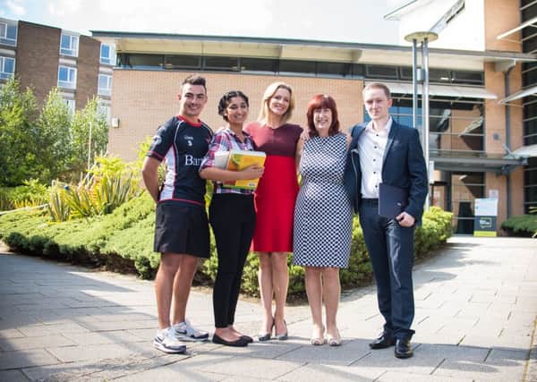 Student and Rugby League star Lewis Davey, Food and Nutrition student Sabba Manzur, Chancellor Gabby Logan, Vice-Chancellor Professor Margaret A House and business student, and founder of Hire-An-Artist, Gareth Craven at the launch of the Inspiring Futures Programme.
