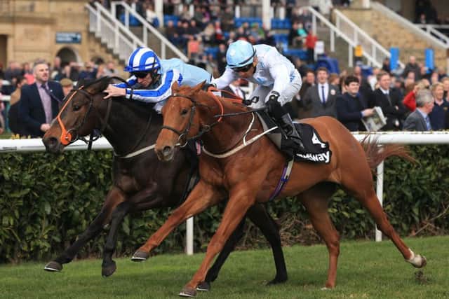 FAMILIAR FACES: YP columnist Daniel Tudhope is reunited with First Bombardment  the pair seen in action above left, at Doncaster last year  for todays Festival Stakes Handicap at York . Picture: Nick Potts/PA.