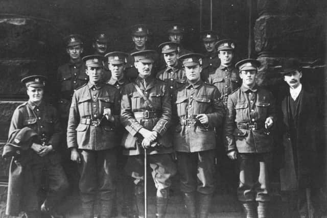 1915

Pic submitted by a Mr. Chandler.

A group of Leeds "Pals" taken in 1915 during the recruiting campaign.

This picture is of particular interest in view of the "Pals" commemoration dinner in the Leeds Town Hall tonight.

front row, left to right; R. Kilner, M. Booth, Captain G. C. Whittaker, J. Jones, and A. Dolphin.

Middle row; Smithson, H. Armitage and H. Hartley.

back row; N. Howarth, W. Child, H. Hemingway, Warburton, and A. Hudson.

Several of these names will be familiar to Yorkshire cricket followers.