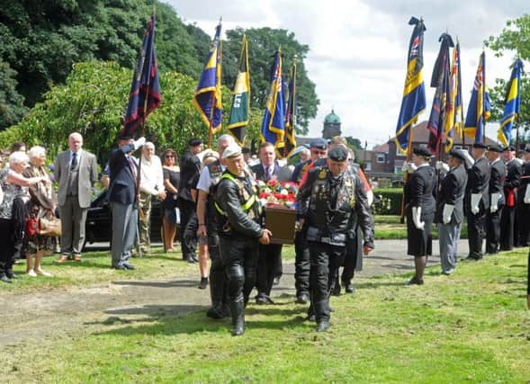 22 July 2016.......    The Yorkshire Riders carry the coffin past British Legion standard bearers as hundreds of strangers attend funeral of WWII vet Stewart Cooney buried at Pudsey Cemetary after fears that there was no family or friends to attend the service.  Picture Tony Johnson.