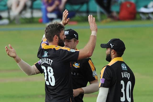 Yorkshire Vikings' players celebrate a Notts wicket at Scarborough on Wednesday. Picture; Dave Williams.