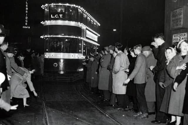 The last Leeds tram passes through the city, November 7, 1959.