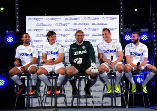 Kemar Roofe, Marcus Antonsson, Rob Green, Chris Wood and Stuart Dallas, share a joke at the launch of the new home shirt. PIC: Jonathan Gawthorpe