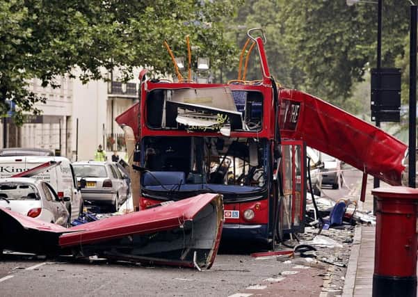 Picture of the number 30 double-decker bus in Tavistock Square, which was destroyed by a terrorist bomb during rush-hour in 2005.