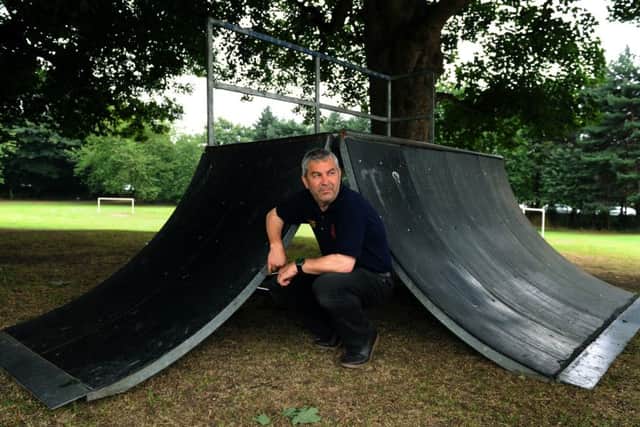Horsforth Hall Park Cricket Club committee member Rob Hodson beside the damaged skate ramp. Picture : Jonathan Gawthorpe