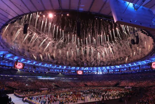 Fireworks go off during the Rio Olympic Games 2016 Opening Ceremony at the Maracana, Rio de Janeiro, Brazil. Martin Rickett/PA Wire.