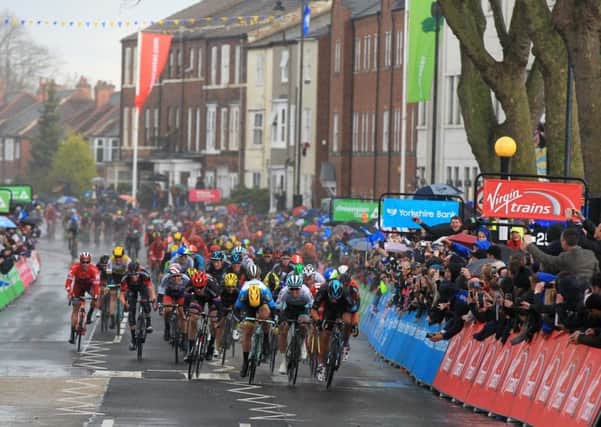 Riders race to the finish of stage two of the 2016 Tour de Yorkshire in Doncaster.