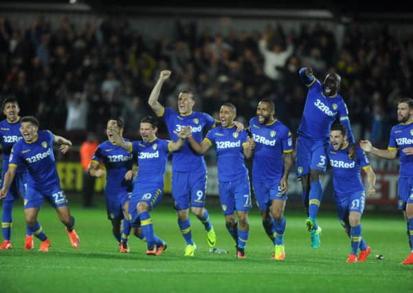 Leeds players celebrate their penalty shoot-out win at Fleetwood. PIC: Tony Johnson