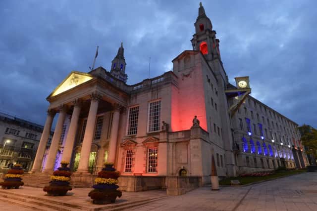 Leeds Civic Hall lit in the colours of the Frencj triclor in remembrance of those killed in Nice during the attack on Bastille Day.  15 July 2016.  Picture Bruce Rollinson