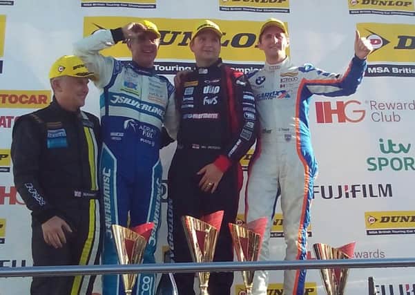 Sam Tordoff, far right, celebrates his second place in the final BTCC race of the day at Knockhill.