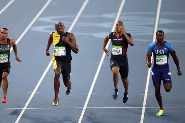 Jamaica's Usain Bolt (second left) wins the men's 100m final from USA's Justin Gatlin, far right. Picture: Mike Egerton/PA