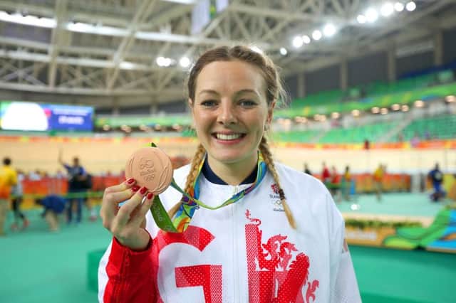 Katy Marchant poses with her medal after winning bronze in the women's sprint at the Rio Olympic Velodrome
