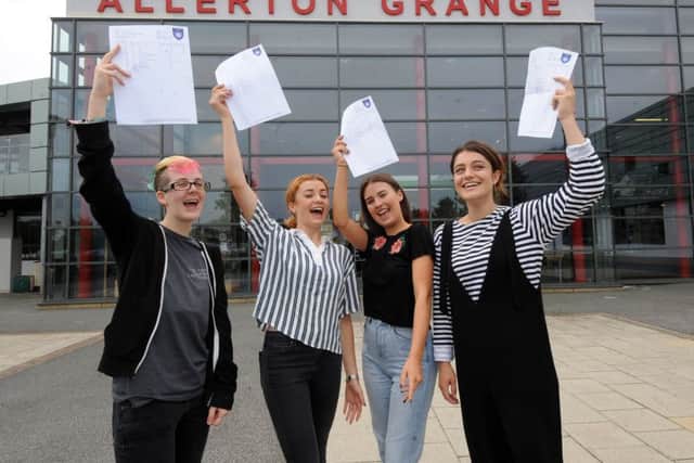A Level results at Allerton Grange School, Leeds..Top Students A level students pictured from the left are Mikey Barnes, Ellen Common, Holly Hargreaves and Amina Malik...18th August 2016 ..Picture by Simon Hulme