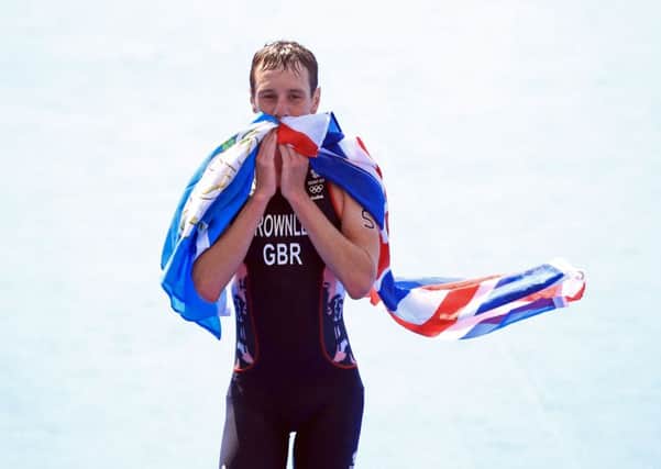 Great Britain's Alistair Brownlee celebrates winning gold in the Men's Triathlon at Fort Copacabana during the Rio Olympic Games this summer.  Pic: Mike Egerton/PA Wire