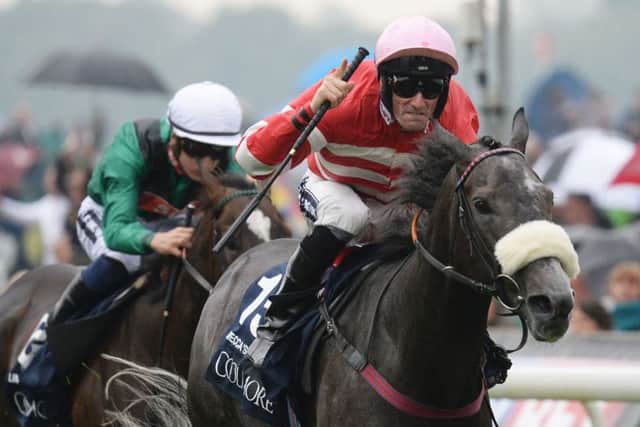 Jockey Paul Mulrennan celebrates as he rides Mecca's Angel to victory in the Coolmore Nunthorpe Stakes during day three of the 2016 Yorkshire Ebor Festival at York last week.