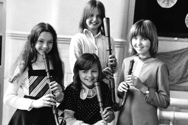 Harrogate.  26th April 1974Home-made mediaeval musical instruments will be amongst those being played by a group of Harrogate children taking part in a Youth Week being staged at Harrogate Theatre nex month.Pupils of the Western County Primary School, Harrogate, will be playing music of centuries ago in a concert on May 8.They will play on old style instruments including several crumhorns - medieval wind instruments which look like inverted walking sticks made by music teacher Mr. John Whone.Mr. Christopher Bostock, Director of Harrogate Theatre for Youth, who is organising the even, said: "It is intended that by giving young people the opportunity to use the theatre for their own enterprises they will be able to recognise the rolie it can play in society."Picture shows Crumhorn players who will be taking part in Harrogate Youth Theatre Week which starts on Saturday.  From (left to right) they are:  Julie Newport (11), Linda Cawthorne (10), Michelle Fisher (10) and at the rear Susan Gill (10).
