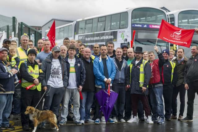 A picket line at First's Hunslet depot during one of this summer's strikes.