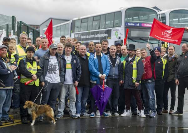 A picket line at First's Hunslet depot during one of this summer's strikes.