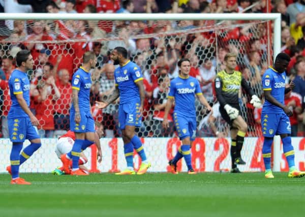Leeds United players show their frustration at Forest.